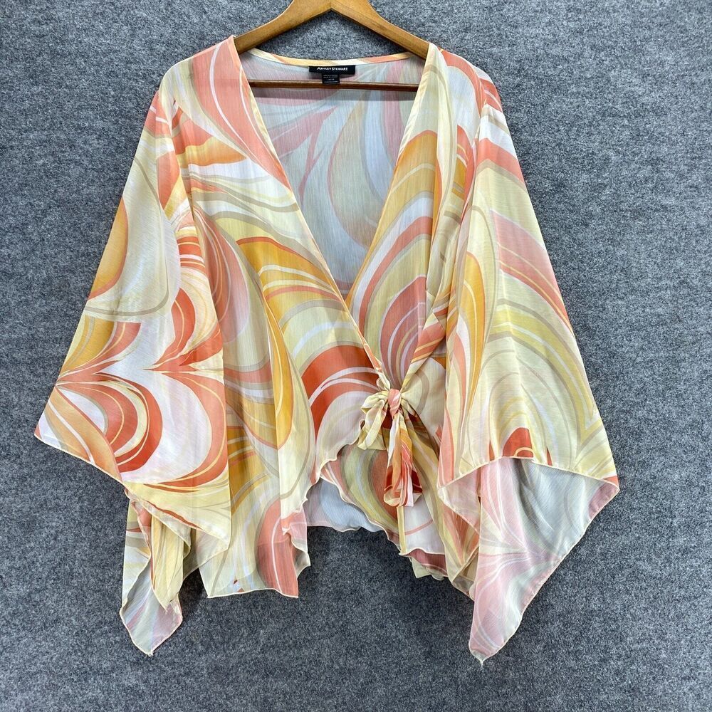 Ashley Stewart Blouse Women 14/16 Beige Geometric V-Neck Tie Up Long Sleeve